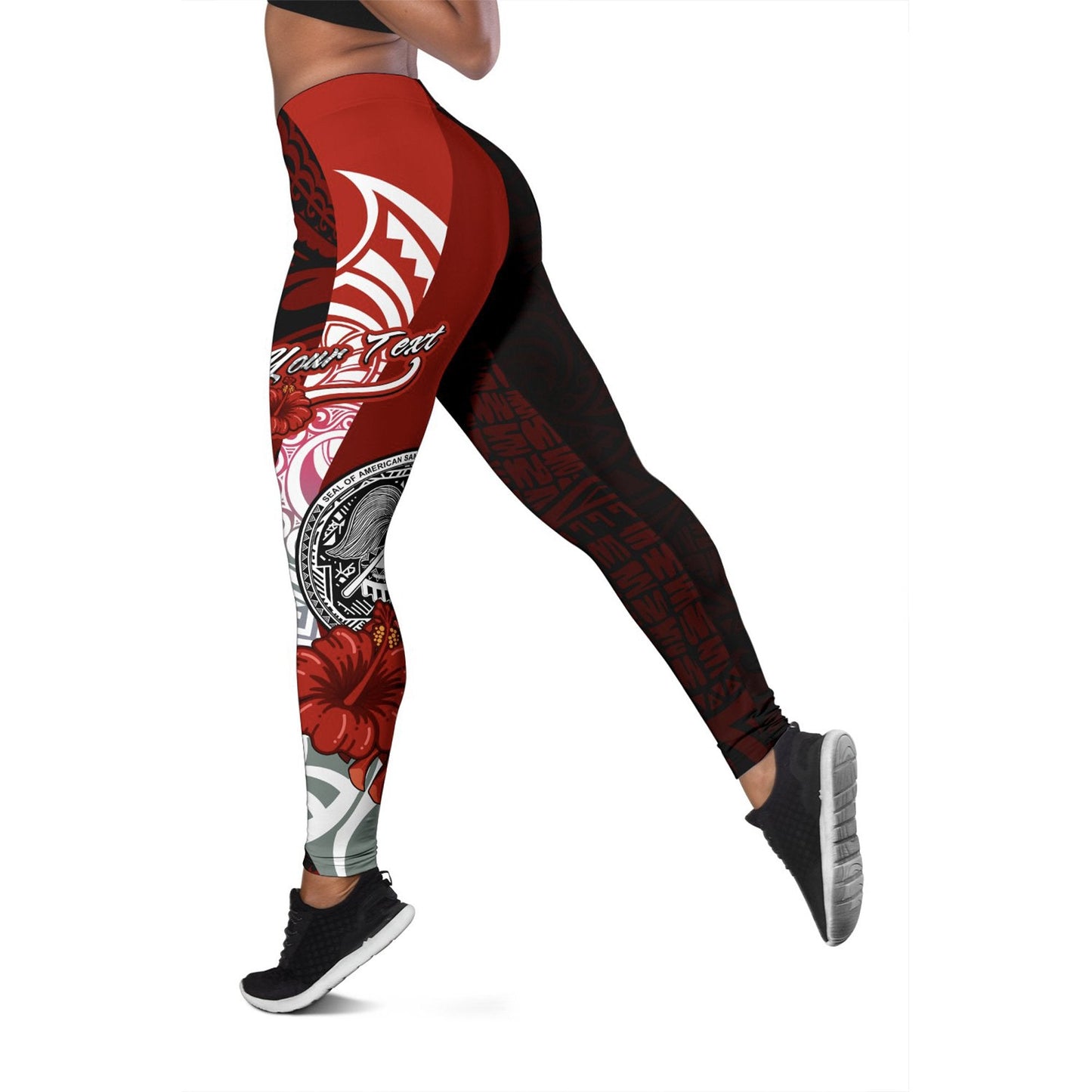 American Samoa Polynesian Custom Personalised Legging - Coat Of Arm With Hibiscus