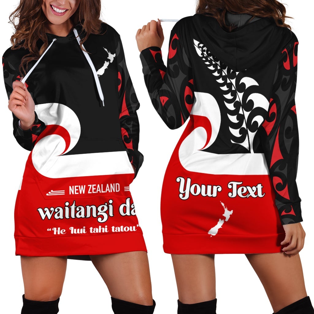 Custom Personalised Waitangi Day Hoodie Dress Maori Fern and Tino Rangatiratanga Flag