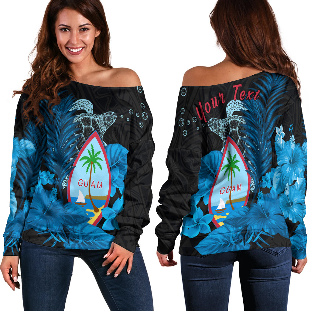 (Custom Personalised) Guam Seal Off Shoulder Sweater Polynesian Turtle with Flowers Version Blue