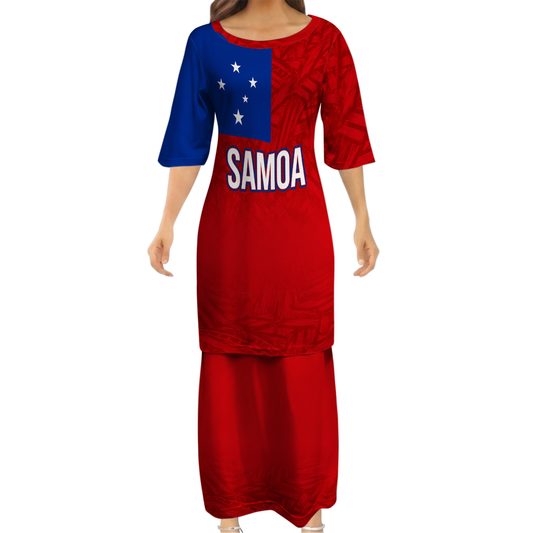 Samoa Flag Couple Outfit Matching Polynesian Tribal Pattern Red Dress And Hawaiian Shirt