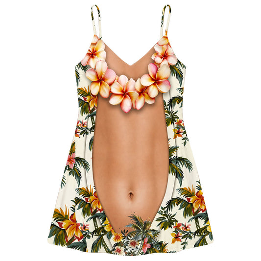 Funny Couple Matching Outfit Polynesian Tropical Flowers Pattern Women Strap Short Swing Dress And Big Belly Shirt