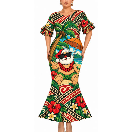 Vintage Funny Santa Couple Set Polynesian Christmas Matching Outfit Short Sleeve Mermaid Long Dress And Shirt