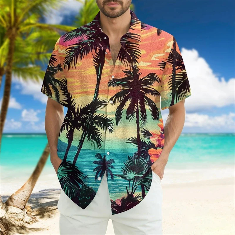 Vintage Palm Trees Pattern Men's Hawaiian Shirt Tropical Summer Short Sleeve Shirt