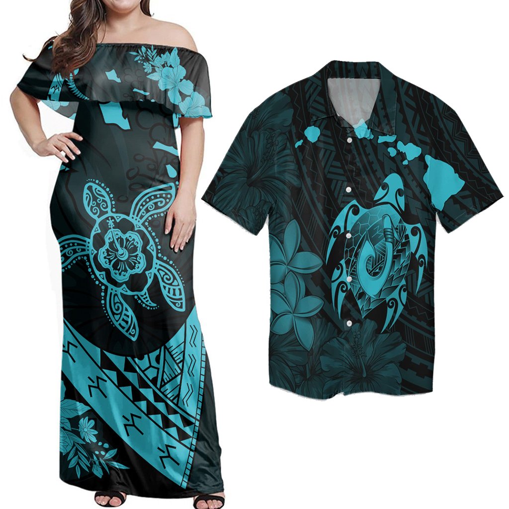 Matching Hawaiian Outfits Combo Dress And Shirt Hawaiian Map Turtle Plumeria Hibiscus Fish Hook Polynesian Blue