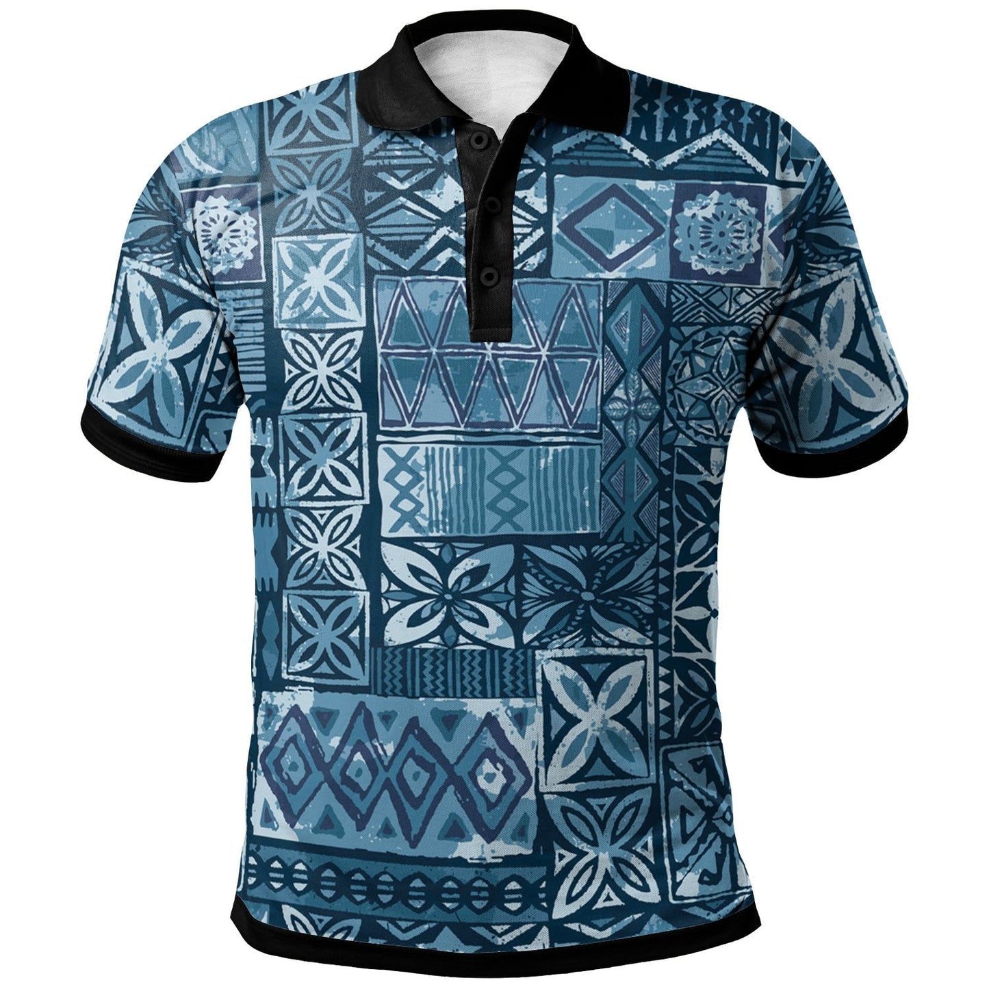 Polynesian Polo Shirt - Blue Tapa Tribal Fabric Pattern
