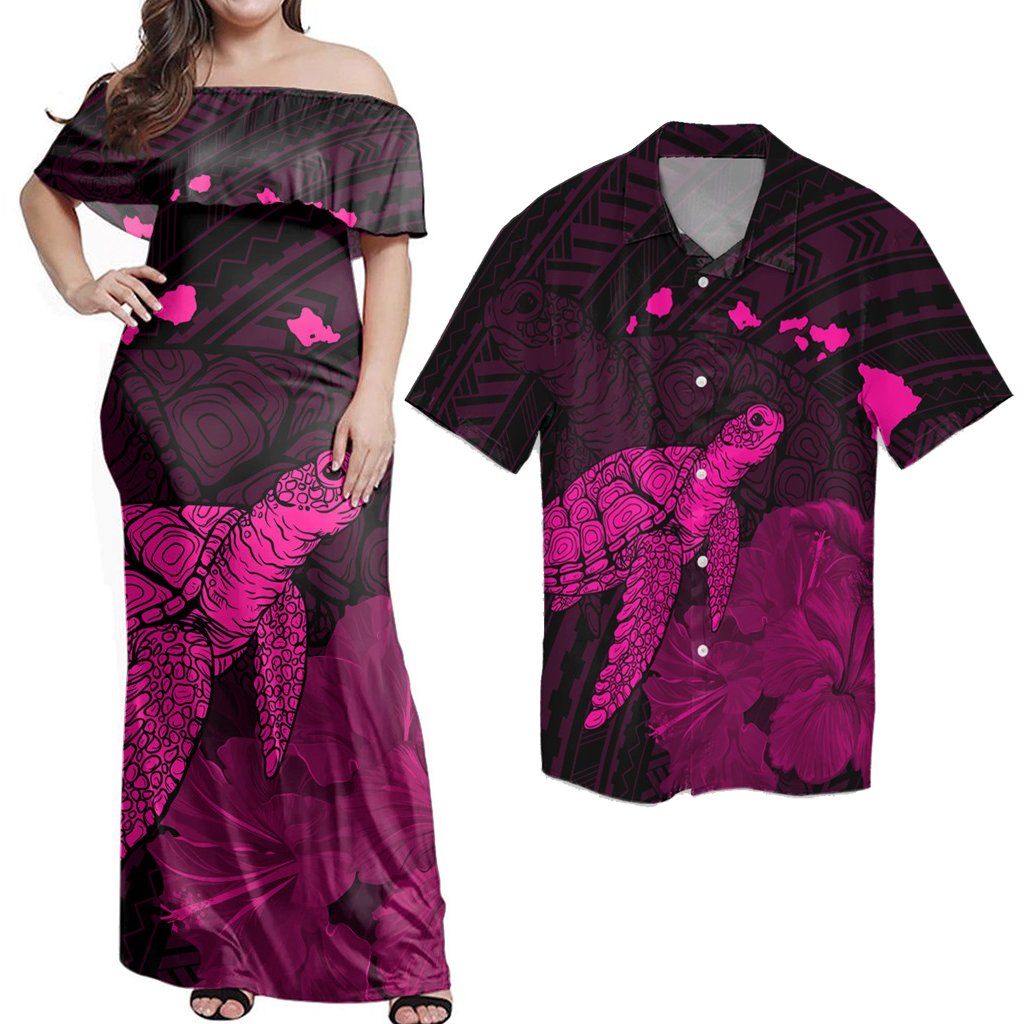 Matching Hawaiian Outfits Combo Dress And Shirt Hawaii Polynesian Hibiscus Turtle Map Pink