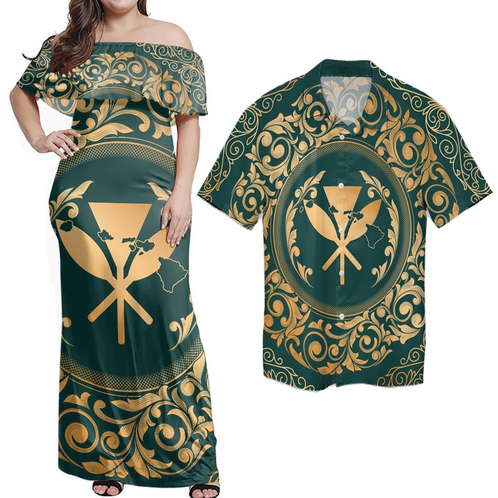 Matching Hawaiian Outfits Combo Dress And Shirt Hawaii Map Classic Floral Green