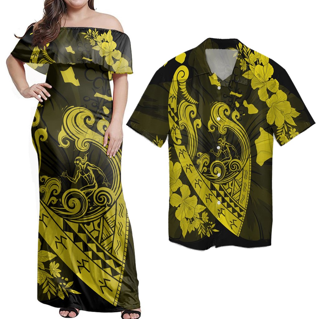 Matching Hawaiian Outfits Combo Dress And Shirt Hawaiian Fish Hook Hibiscus Banzai Surfing Polynesian Yellow