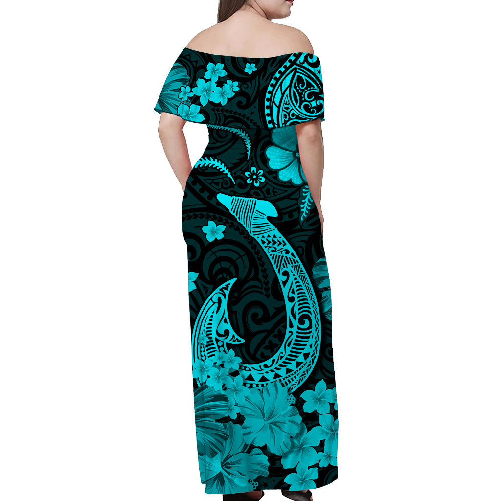 Hawaii Off Shoulder Long Dress Polynesia Turquoise Fish Hook