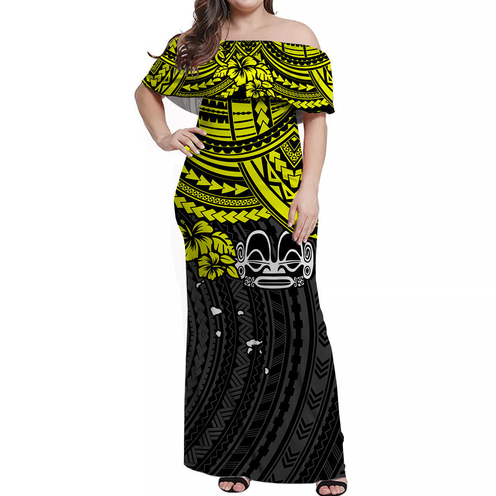 Marquesas Islands Off Shoulder Long Dress Yellow Polynesia Pattern Mix Tiki