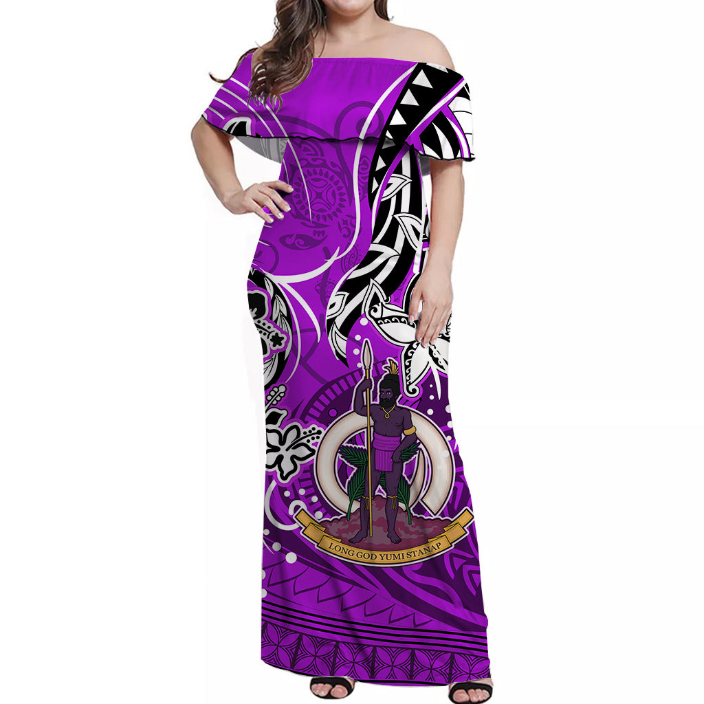 Vanuatu Color Off Shoulder Long Dress Coat of Arms Version Purple