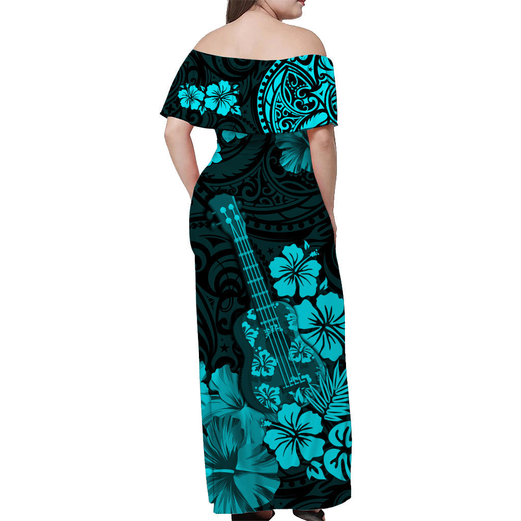Hawaii Off Shoulder Long Dress Polynesia Turquoise Ukulele Flowers