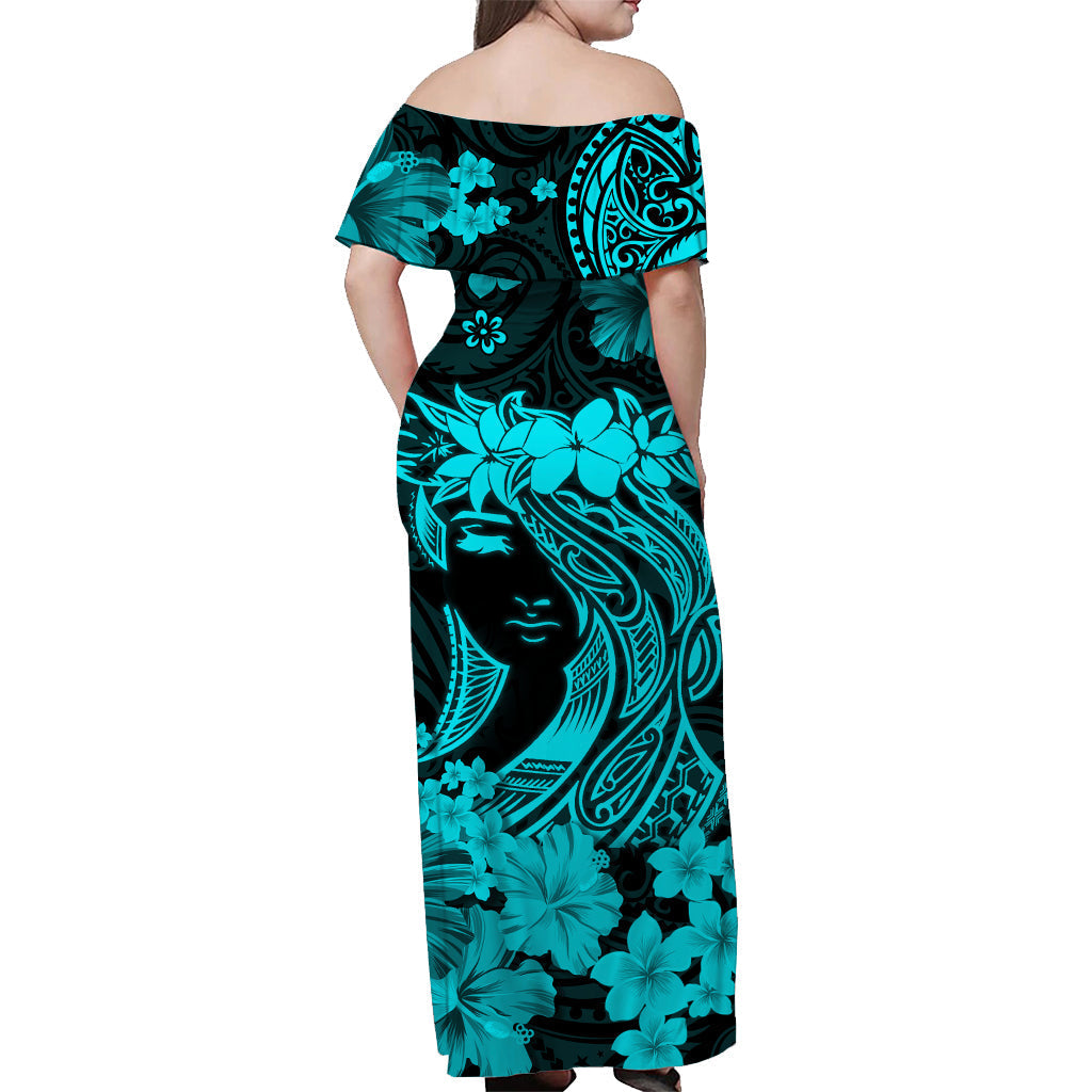 Hawaii Off Shoulder Long Dress Polynesia Turquoise Attractive Hula Girl