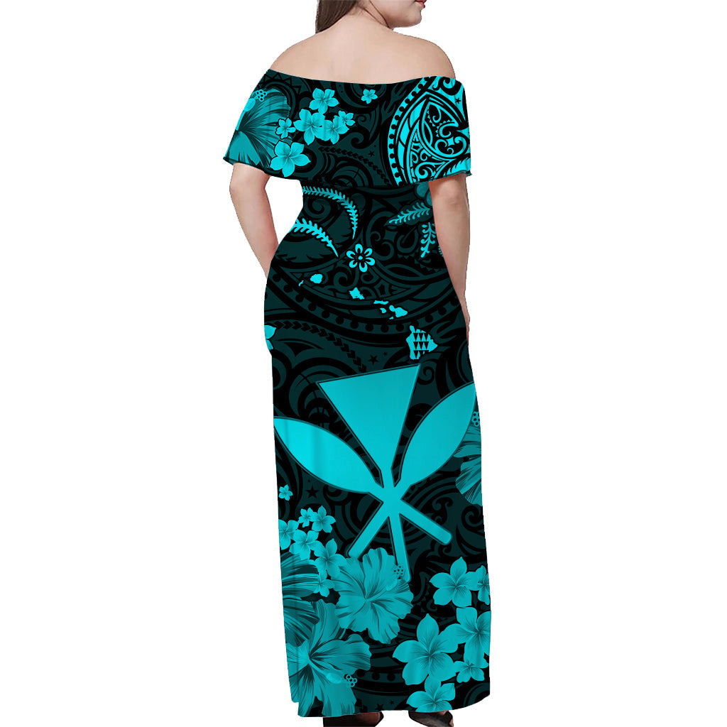 Hawaii Off Shoulder Long Dress Polynesia Turquoise Kanaka Maoli