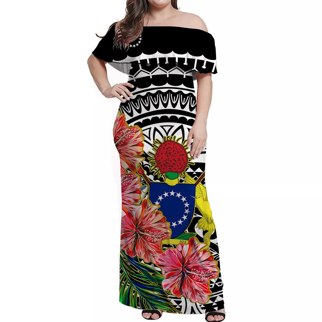 Cook Islands Off Shoulder Long Dress Hibiscus Flowers Style Black