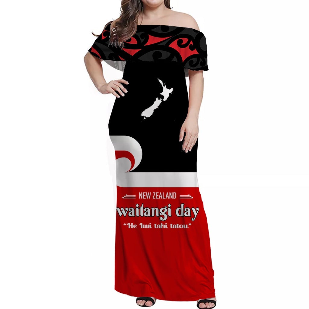 Waitangi Day Off Shoulder Long Dress Maori Fern and Tino Rangatiratanga Flag