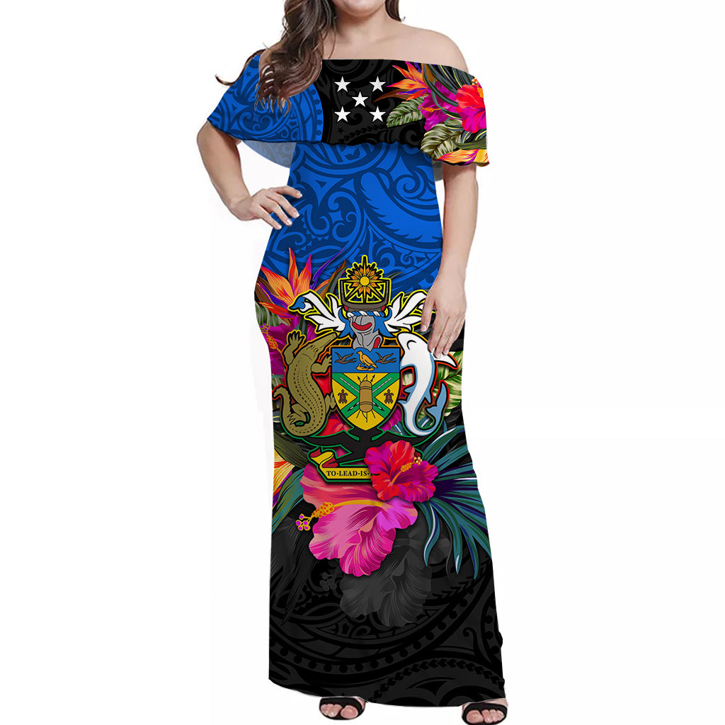Solomon Off Shoulder Long Dress Alluring Polynesia and Tropical Flowers