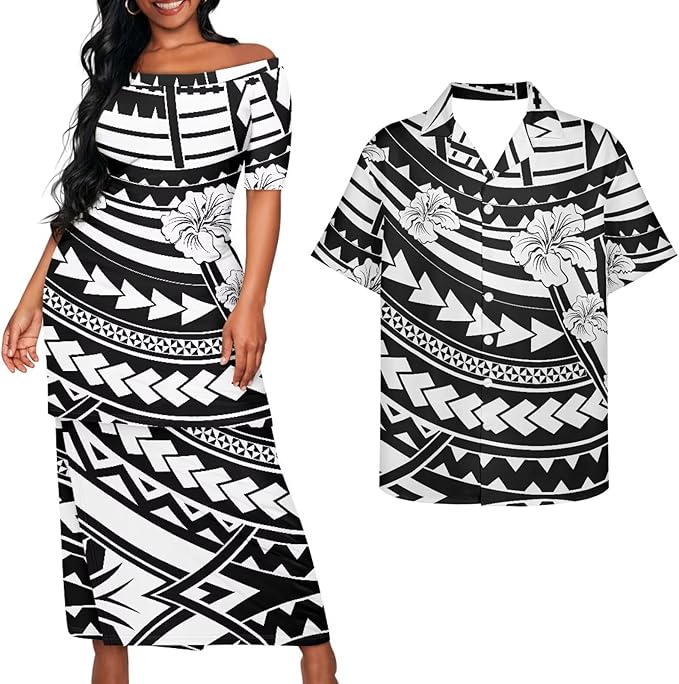 Hibiscus Flowers Polynesian Tribal Couple Outfit Puletasi Dress Polynesian Pattern Shirts for Men Puletasi Traditional Dress