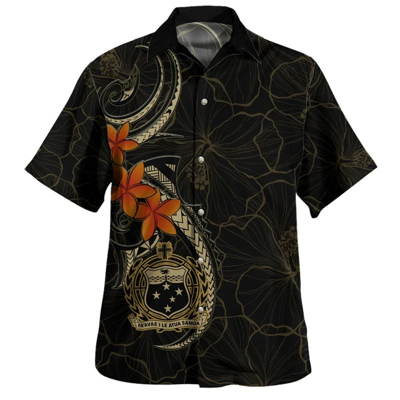 Samoa Coat of Arms Hawaiian Shirts Island Polynesian Tribal Plumeria Flowers Pattern Short Sleeves Summer Shirt