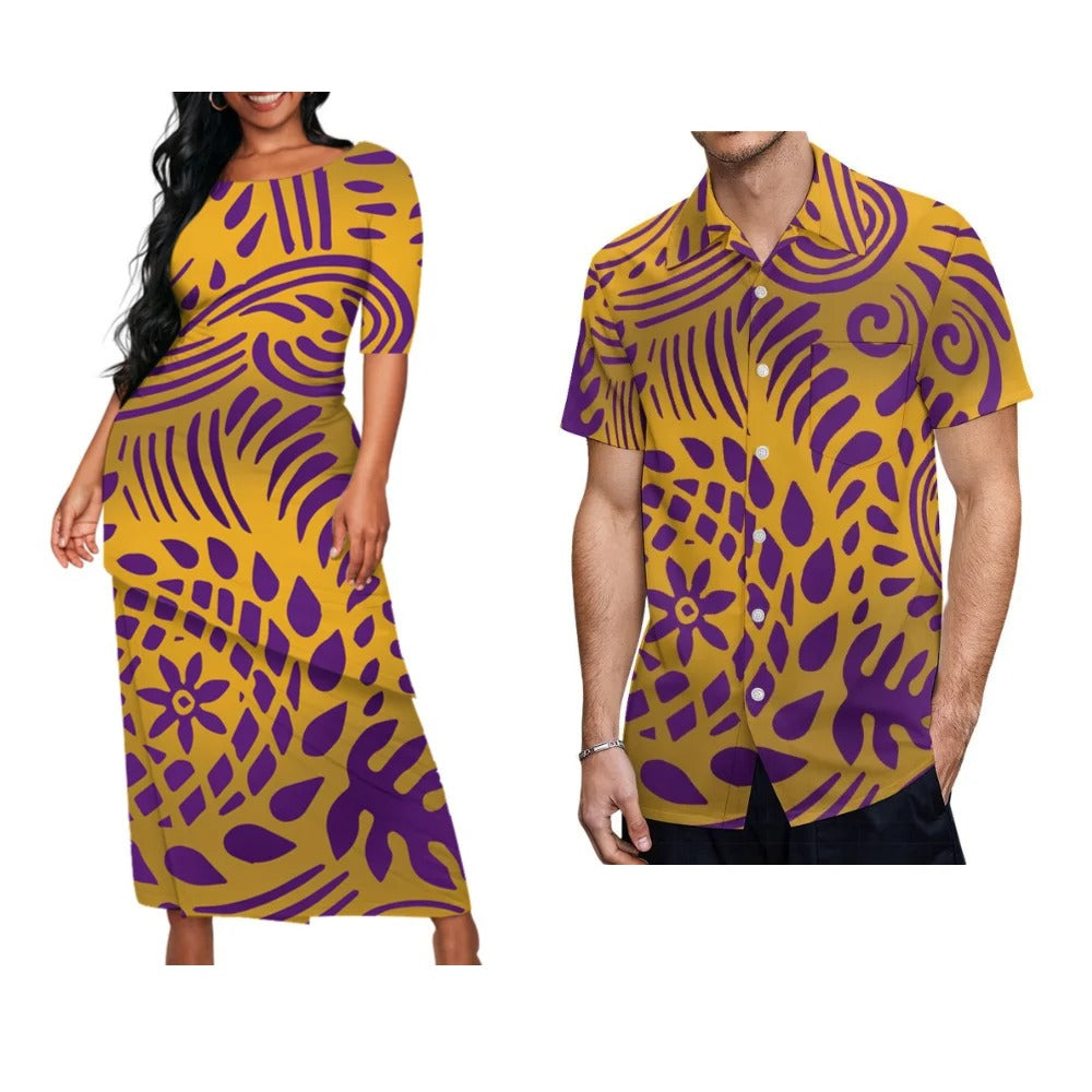 Flowers Polynesian Tribal Pattern Printed Matching Outfit For Couple Polynesian Puletasi Dress Two-Piece Suit With Men's Shirt