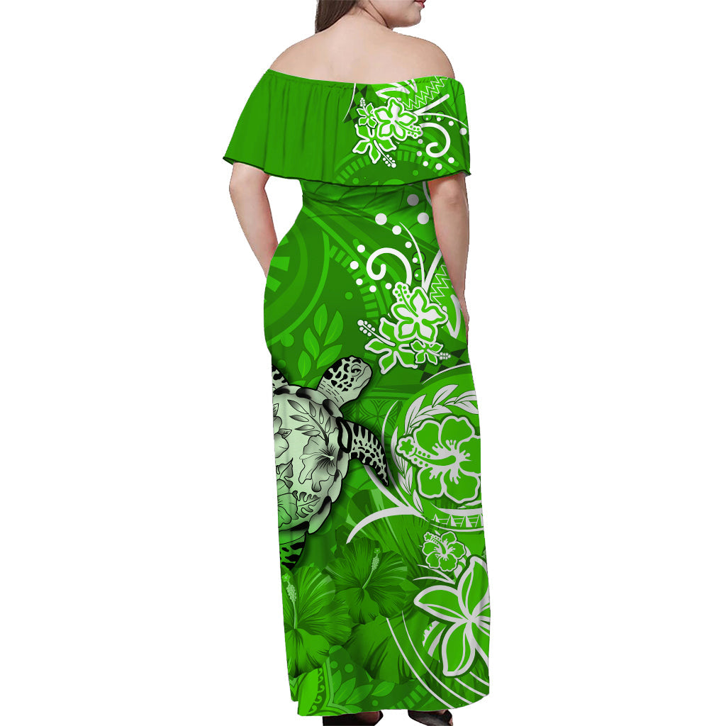 Custom Personalised Hawaii Off Shoulder Long Dress Polynesia Green Sea Turtle Honu and Hibiscus