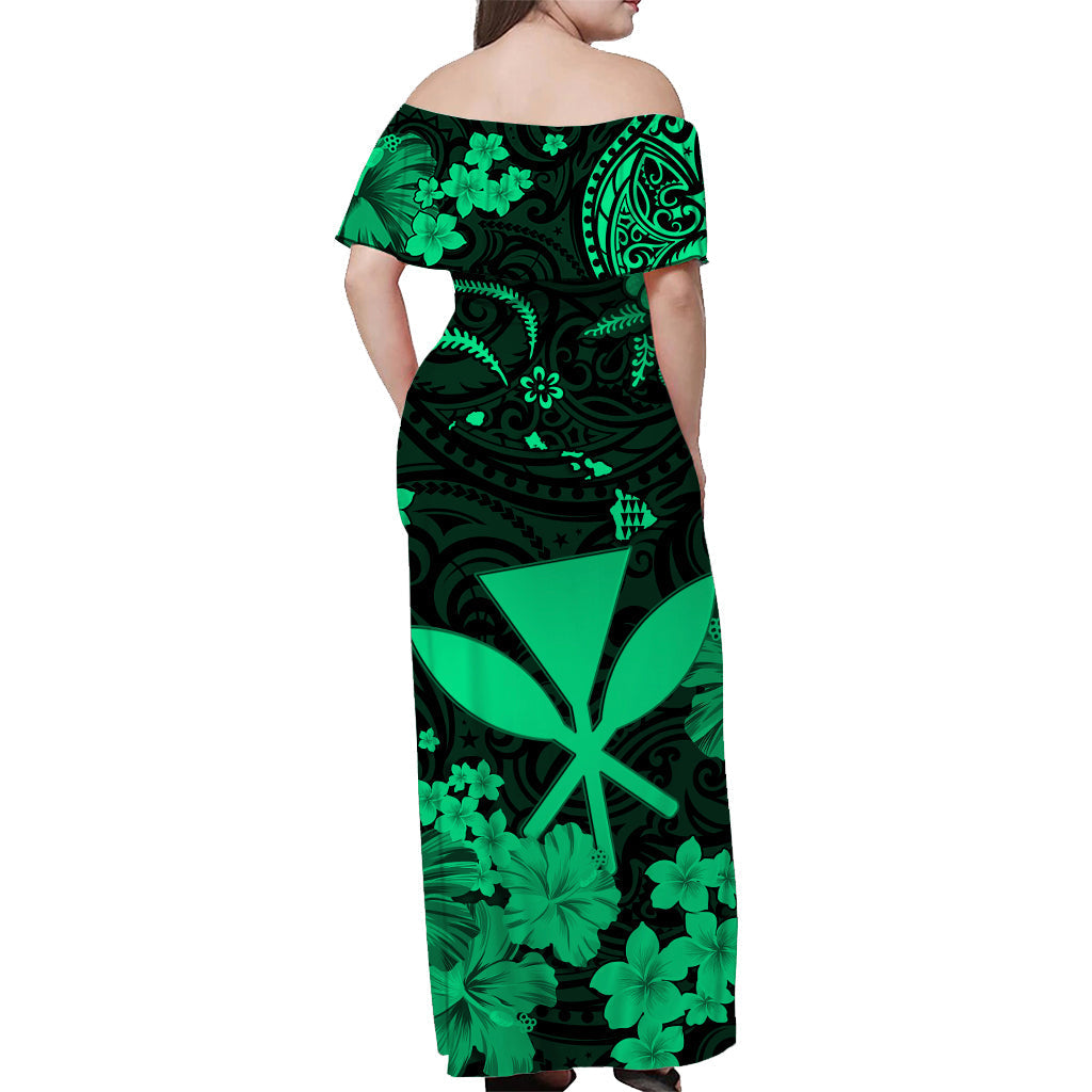 Hawaii Off Shoulder Long Dress Polynesia Green Kanaka Maoli