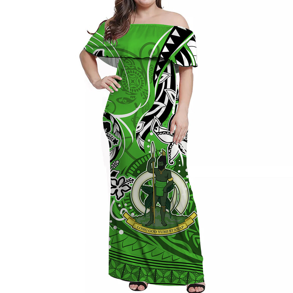 Vanuatu Color Off Shoulder Long Dress Coat of Arms Version Green