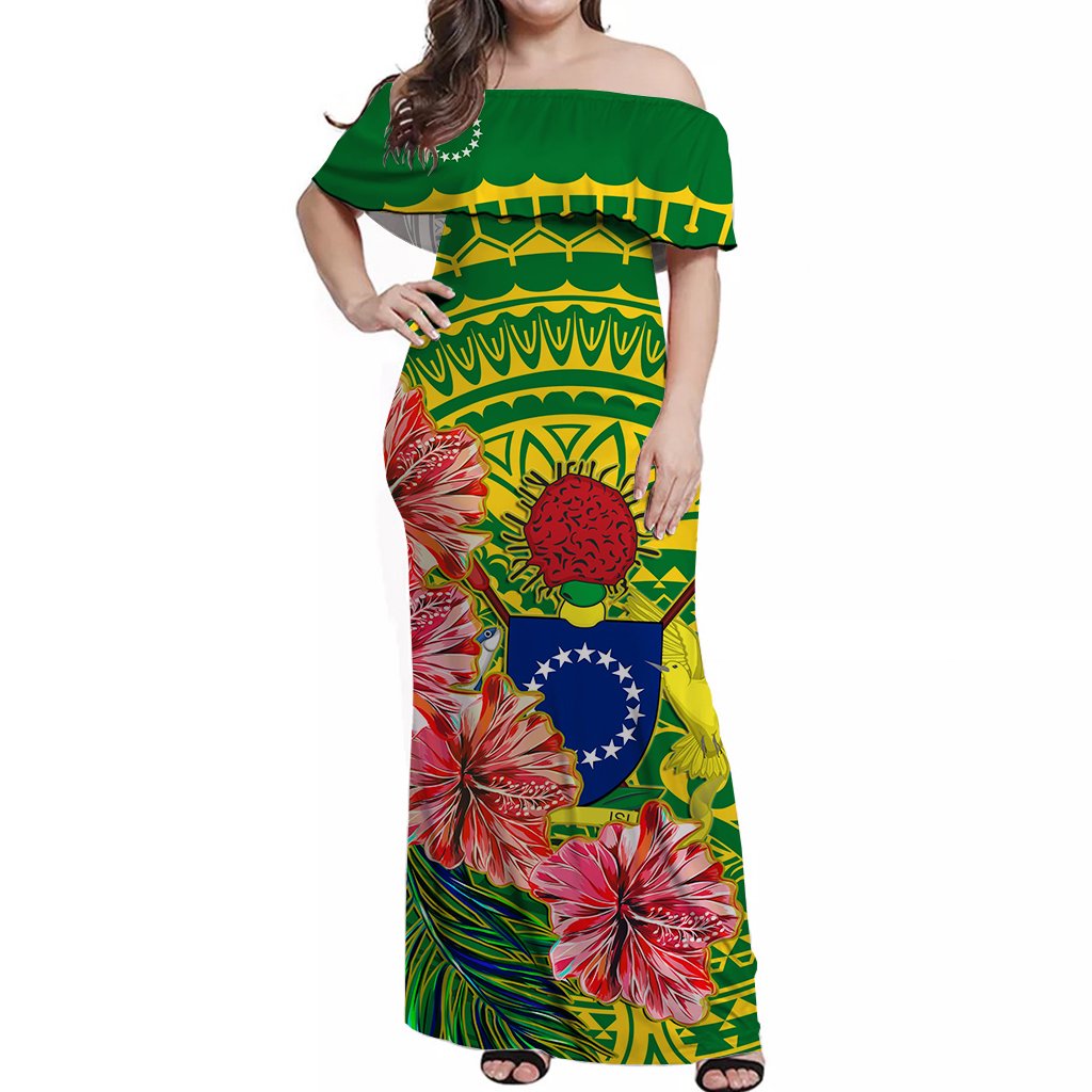 Cook Islands Off Shoulder Long Dress Hibiscus Flowers Style Green