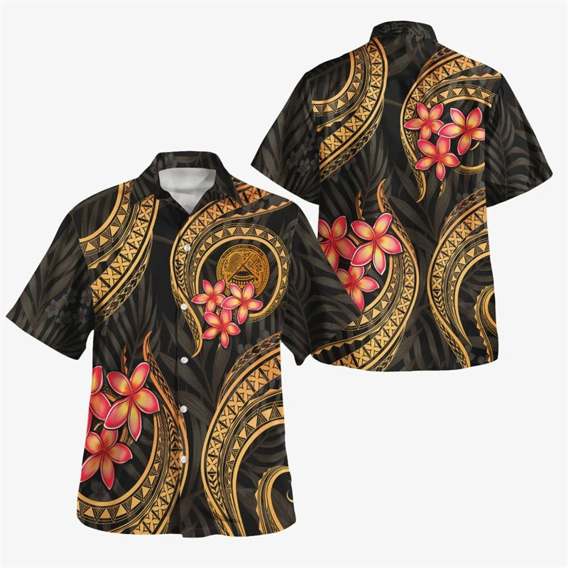 Plumeria Flowers Island Polynesian Tribal Pattern Printed Short Sleeves Summer Hawaiian Shirt