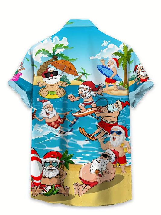 Tropical Christmas Santa Surfing & Beach Scene Print Hawaiian Shirt, Short Sleeve Button-Up Summer Shirt