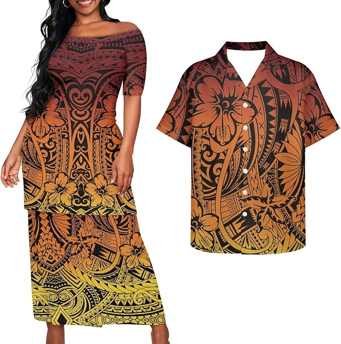 Flowers Polynesian Tribal Pattern Matching Outfit Puletasi Dress Polynesian Pattern Shirts for Men Puletasi Traditional Dress