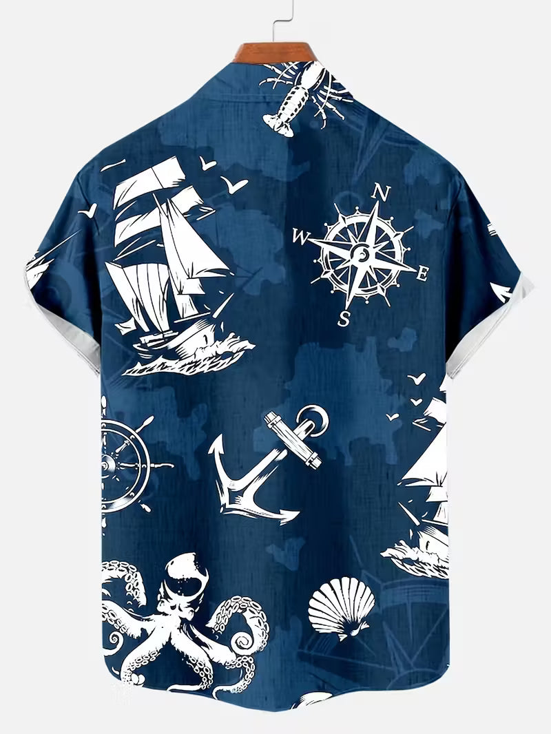 Ocean-Themed Pattern Hawaiian Shirt Tropical Beach Short Sleeve Button Printed Shirt For Him