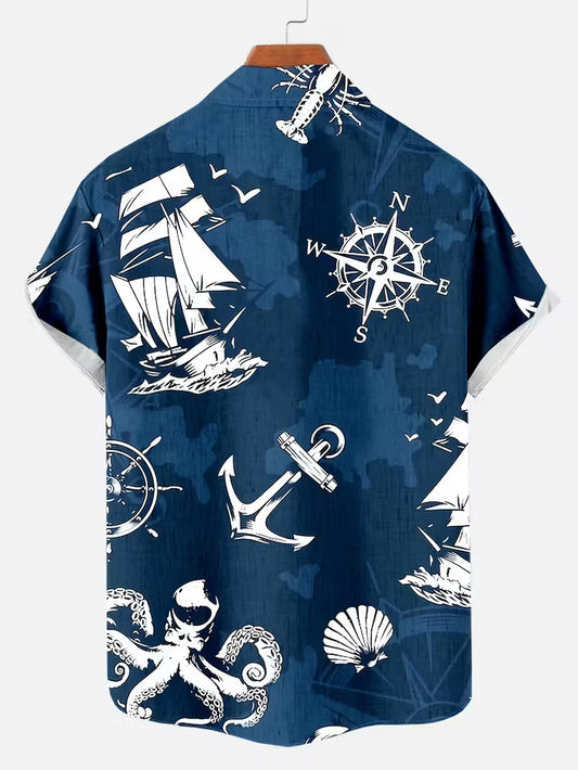 Ocean-Themed Pattern Hawaiian Shirt Tropical Beach Short Sleeve Button Printed Shirt For Him