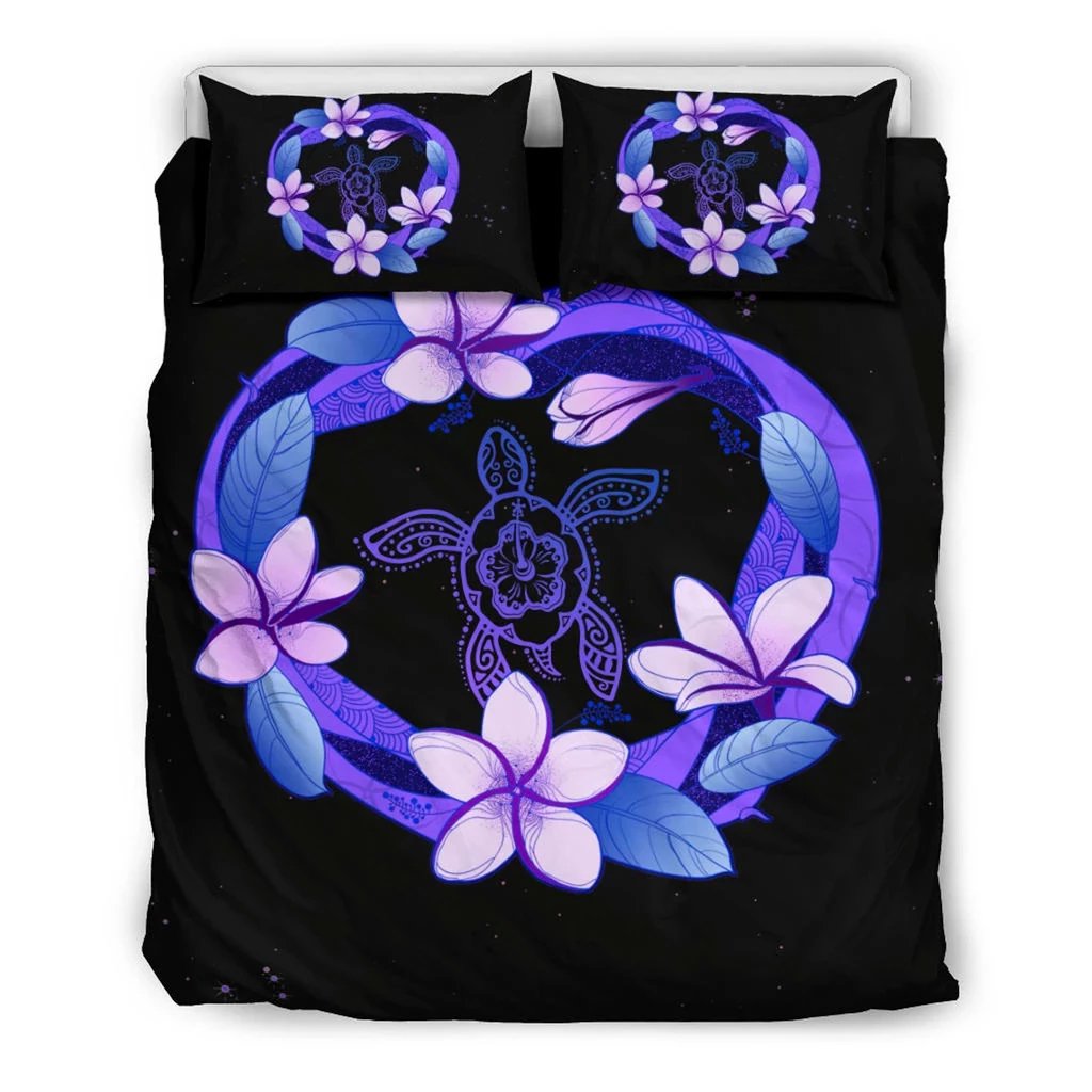 Hawaiian Plumeria HibiscusTurtle Polynesian Bedding Set Purple