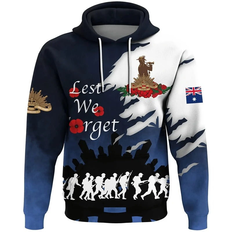 New Zealand Flag Hoodie NZ Flag Lest We Forget Soldier Silhouette Printed Hoodie
