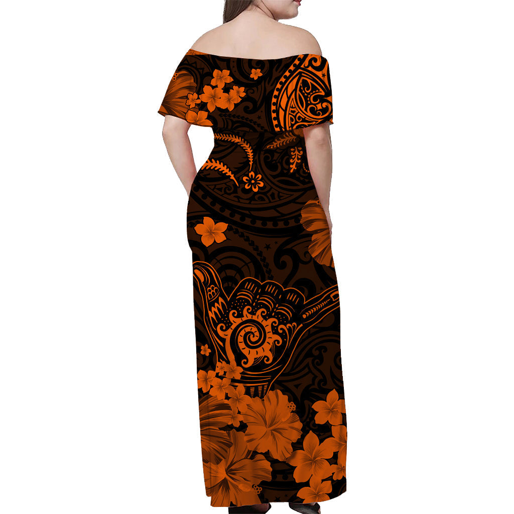 Hawaii Off Shoulder Long Dress Polynesia Orange Cool Shaka Sign