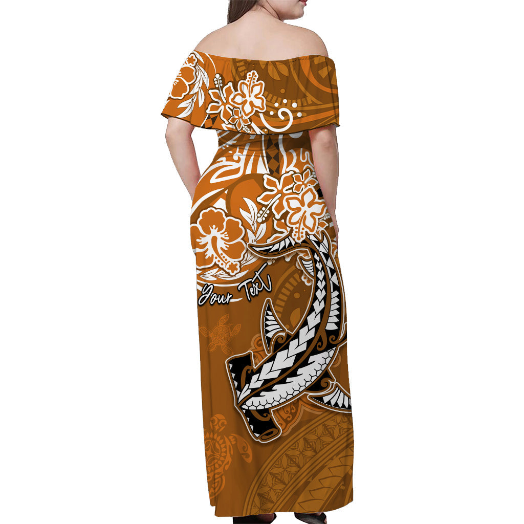 Custom Personalised Hawaii Off Shoulder Long Dress Polynesia Gold Sea Turtle Honu and Hammerhead Shark