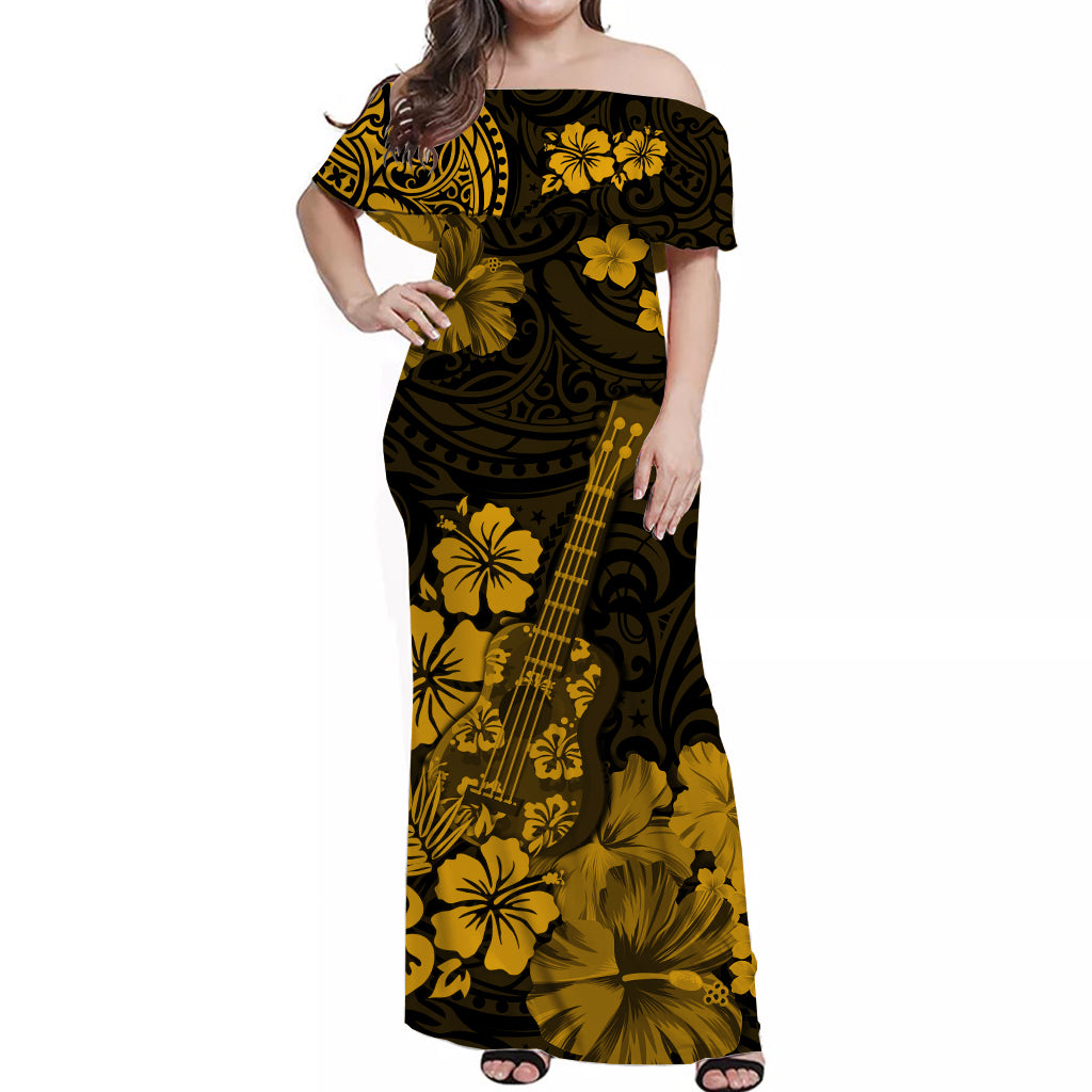 Hawaiian Matching Outfits For Couples Hawaii Combo Dress and Hawaiian Shirt Polynesia Gold Ukulele Flowers
