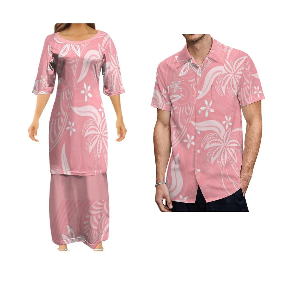 Polynesian Tribal Pattern Printed Pink Matching Outfit Couple Set Women's Dress Men's Shirt
