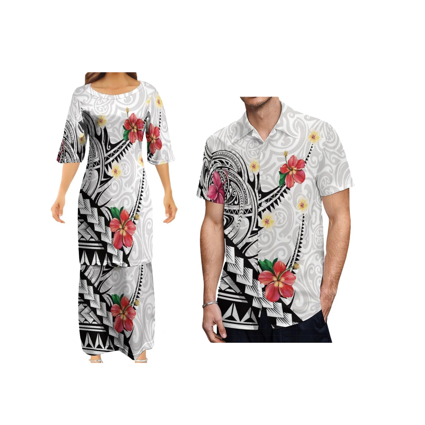 Polynesian Tribal Tropical Flowers Pattern White Couple Outfit Matching Island Brown Dress And Hawaiian Shirt