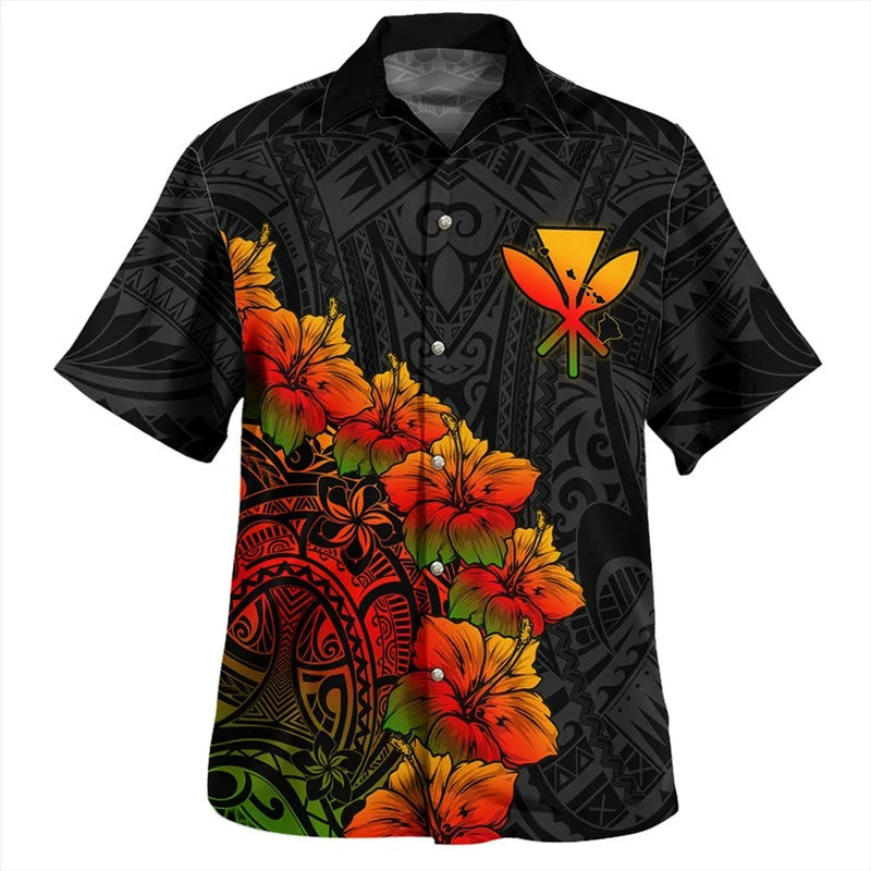 Kanaka Maoli Polynesian Tribal Pattern Printed Shirt Hawaii Island Hibiscus Flowers Short Sleeves Summer Hawaiian Shirt