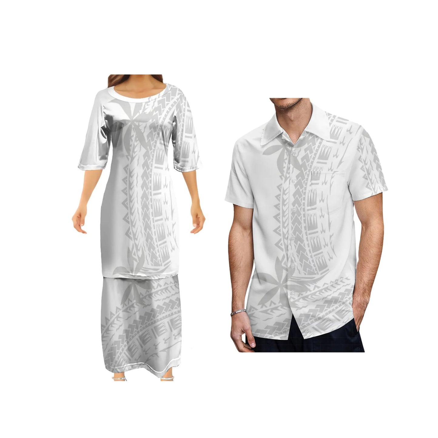 Polynesian Tropical Leaf Pattern Traditional White Puletasi Dress Two-Piece Polynesian Tribal Matching Pair Outfit Matching Hawaiian Men's Shirt Curve Style