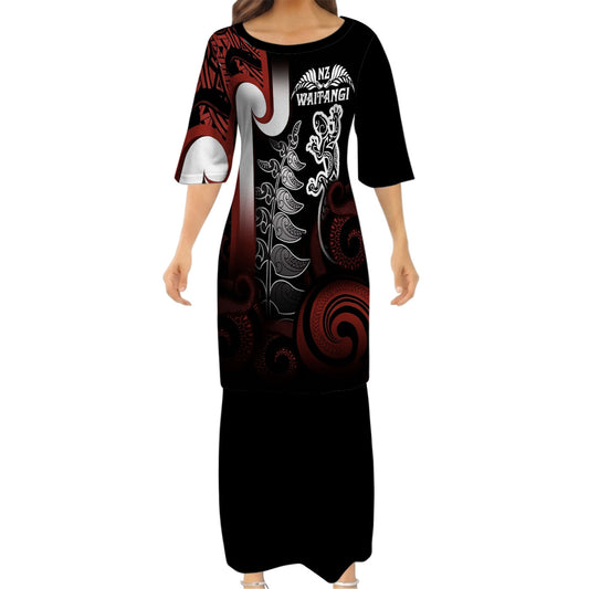 New Zealand Matching Outfit For Couple Silver Waitangi Day Puletasi Dress And Hawaiian Shirt For Her Him