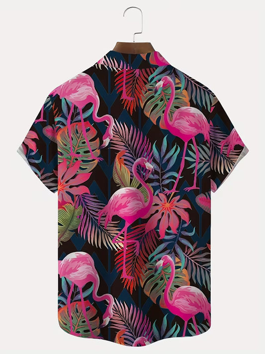Flamingo Pattern Hawaiian Shirt Tropical Beach Short Sleeve Button Printed Shirt For Him