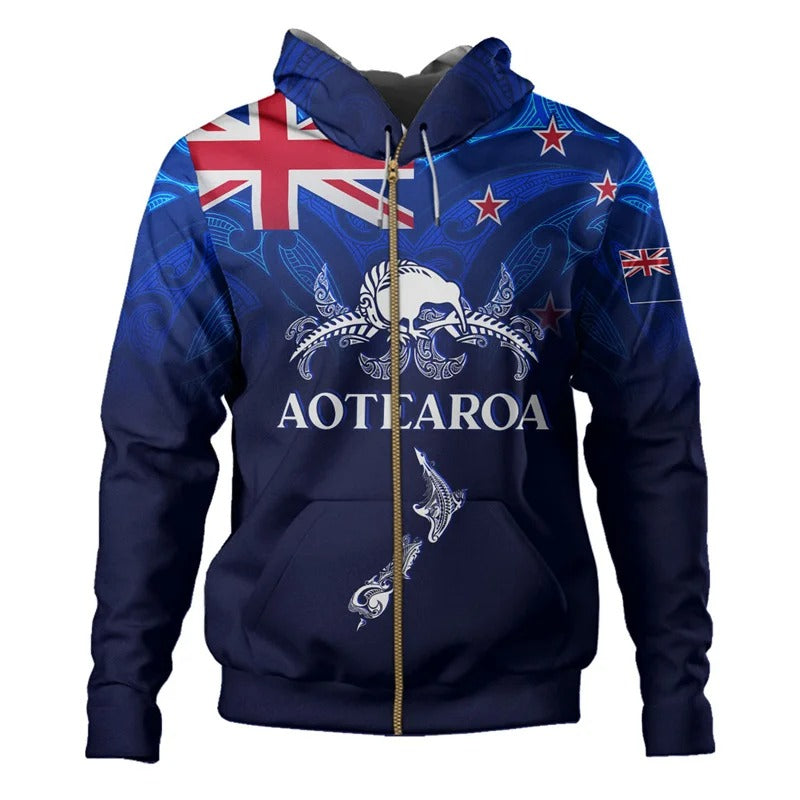New Zealand Flag Hoodie NZ Kiwi Bird Aotearoa Unisex Blue Zip Hoodie