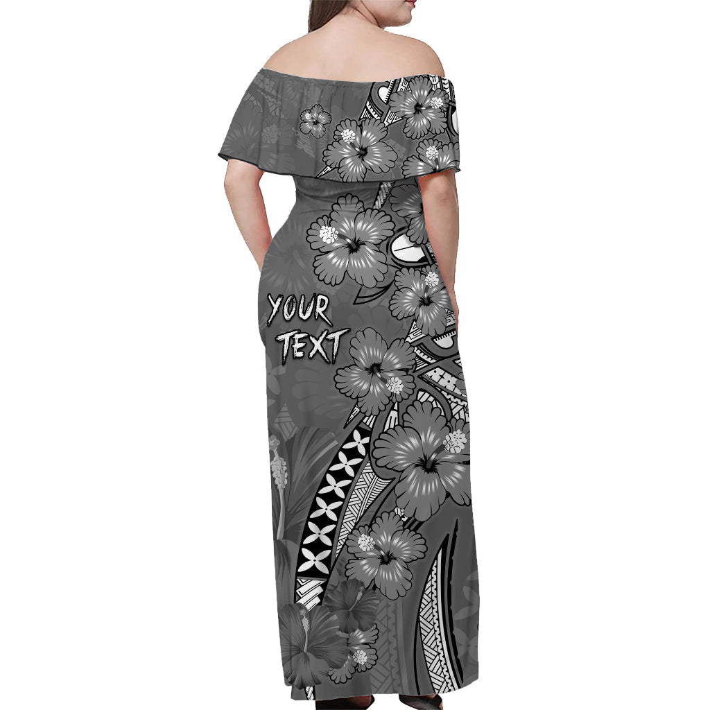 Custom Personalised Hawaii Off Shoulder Long Dress Polynesia Gray Hibiscus and Map Mystical