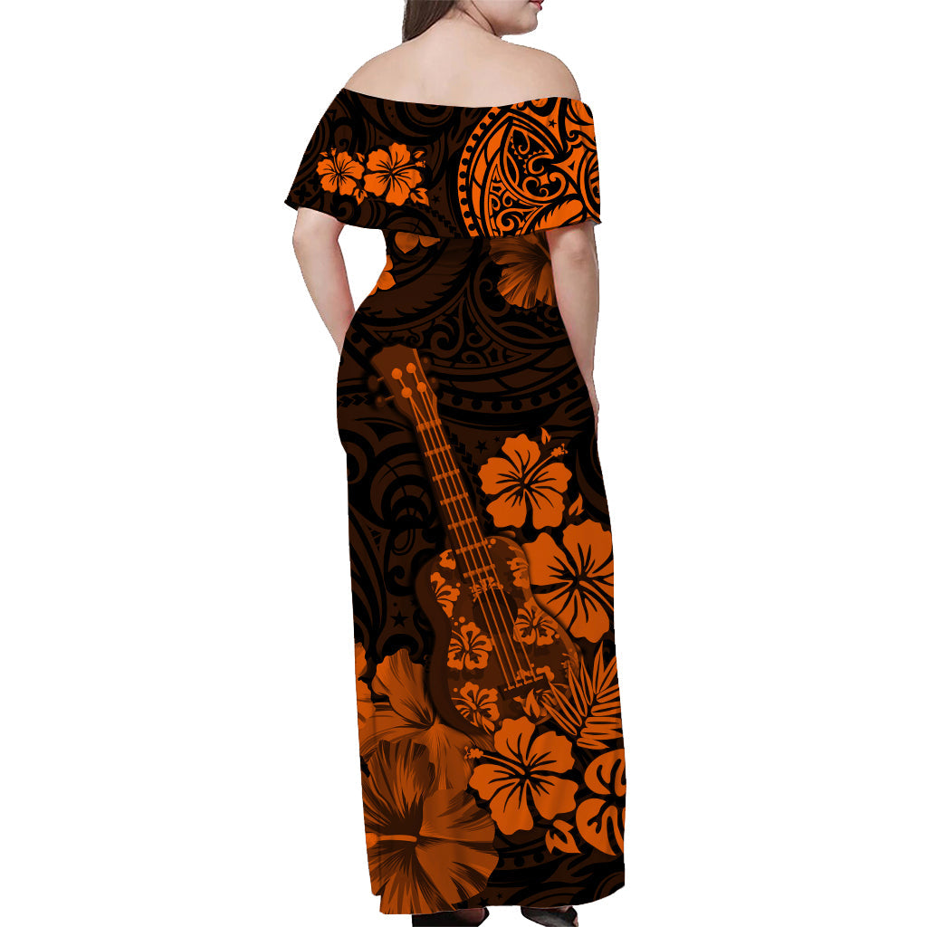 Hawaii Off Shoulder Long Dress Polynesia Orange Ukulele Flowers