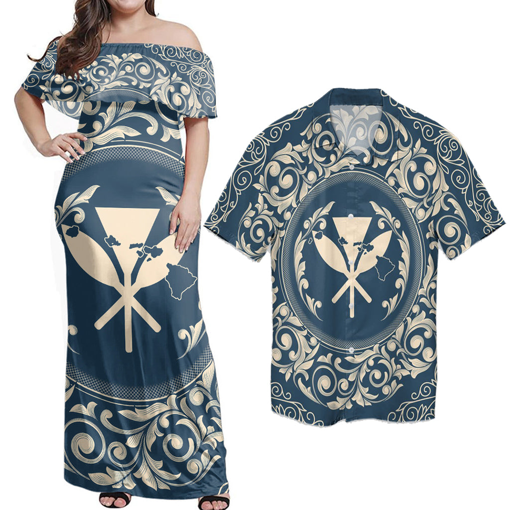Matching Hawaiian Outfits Combo Dress And Shirt Hawaii Map Classic Floral Blue