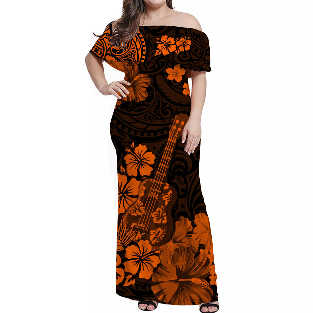 Hawaiian Matching Outfits For Couples Hawaii Combo Dress and Hawaiian Shirt Polynesia Orange Ukulele Flowers
