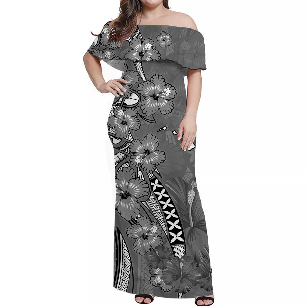 (Custom Personalised) Polynesian Couple Outfits Combo HawaiianTribal Gray Hibiscus and Map Mystical Dress and Hawaiian Shirt